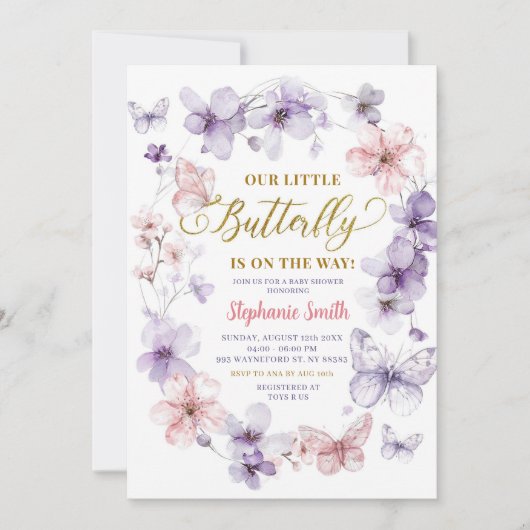 ピンクパープルフローラバタフライベビーシャワー 招待状 (正面)