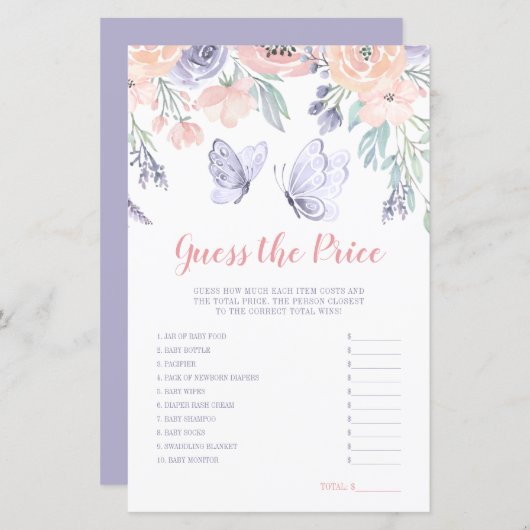 ピンクパープルフローラバタフライ価格ゲームを推測 (正面/裏面)