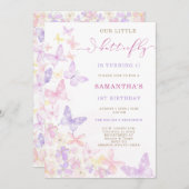 ピンクパープルフローラバタフライ誕生日 招待状 (正面/裏面)