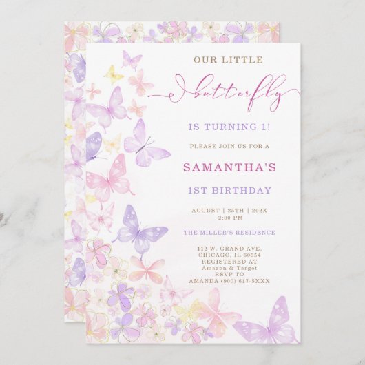 ピンクパープルフローラバタフライ誕生日 招待状 (正面/裏面)