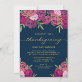 ピンクパープルフローラバラブルー感謝祭ディナー 招待状 (正面)