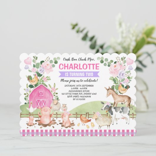 ピンクパープルフローラファーム納屋周囲の庭動物誕生日 招待状 (スタンド正面)