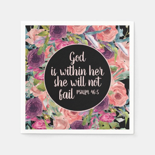 ピンクパープルフローラブラッククリスチャン聖書 スタンダードカクテルナプキン (正面)