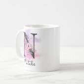 ピンクパープルフローラブラックレターモノグラムNコーヒー コーヒーマグカップ (正面左)