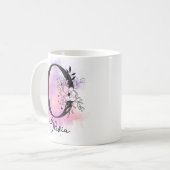 ピンクパープルフローラブラックレターモノグラムOコーヒー コーヒーマグカップ (正面左)