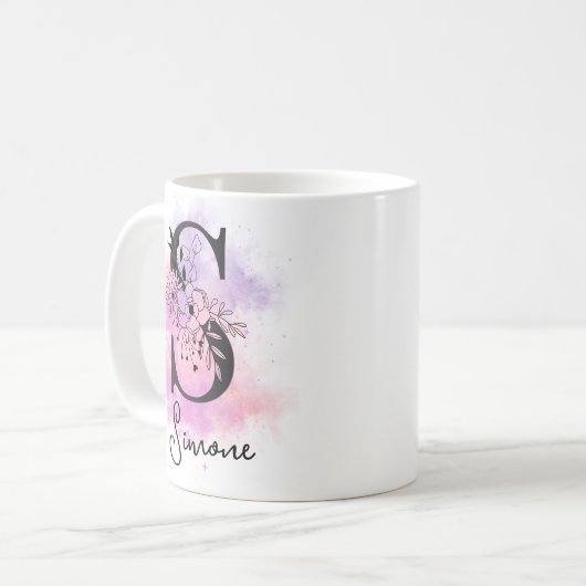 ピンクパープルフローラブラックレターモノグラムS コーヒーマグカップ (正面左)