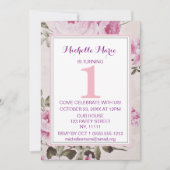 ピンクパープルフローラプレイドファースト誕生日 招待状 (正面)