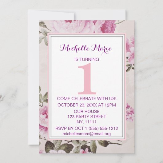 ピンクパープルフローラプレイドファースト誕生日 招待状 (正面)