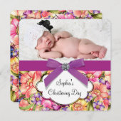 ピンクパープルフローラベビーガールフォト《キリスト教》洗礼式や命名式 招待状 (正面/裏面)