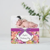 ピンクパープルフローラベビーガールフォト《キリスト教》洗礼式や命名式 招待状 (スタンド正面)