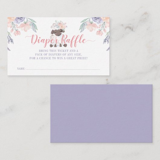 ピンクパープルフローララムガールおむつラッフルチケット エンクロージャーカード (正面/裏面)