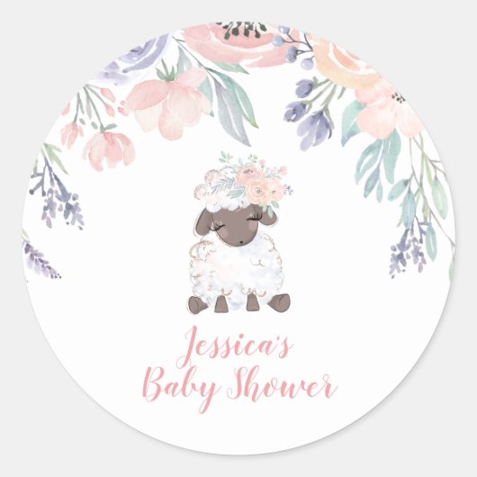 ピンクパープルフローララムガールベビーシャワー ラウンドシール (正面)