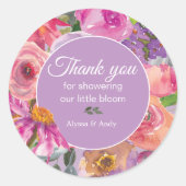 ピンクパープルフローラリトル開花ベビーシャワー ラウンドシール (正面)