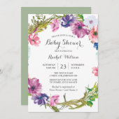 ピンクパープルフローラリースベビーシャワー招待状 招待状 (正面/裏面)