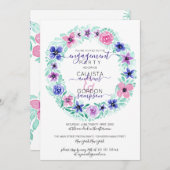 ピンクパープルフローラリース水彩婚約 招待状 (正面/裏面)