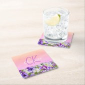 ピンクパープルフローラ名モノグラムスクリプト スクエアペーパーコースター (インサイチュ)