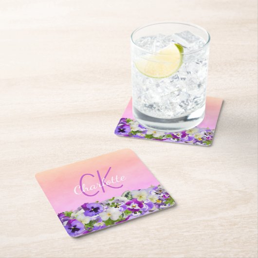 ピンクパープルフローラ名モノグラムスクリプト スクエアペーパーコースター (インサイチュ)