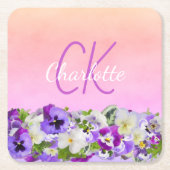 ピンクパープルフローラ名モノグラムスクリプト スクエアペーパーコースター (正面)