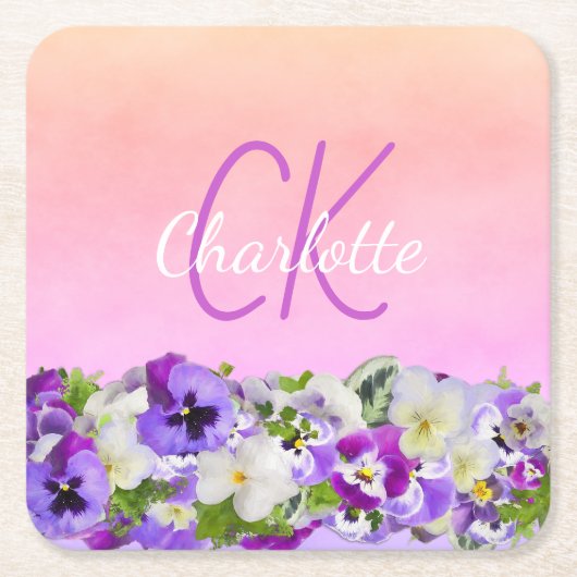 ピンクパープルフローラ名モノグラムスクリプト スクエアペーパーコースター (正面)