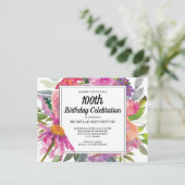 ピンクパープルフローラ女子100誕生日 インビテーションポストカード (スタンド正面)