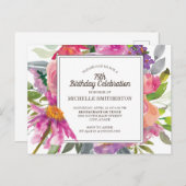 ピンクパープルフローラ女子75誕生日 インビテーションポストカード (正面/裏面)