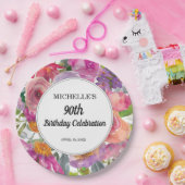 ピンクパープルフローラ女子90誕生日 ペーパープレート (パーティー)