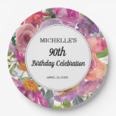 ピンクパープルフローラ女子90誕生日 ペーパープレート (正面)