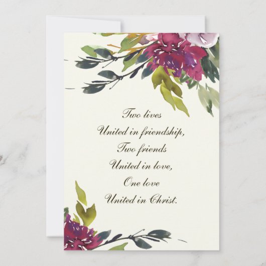 ピンクパープルフローラ水の色クリスチャン結婚ズ セーブザデート (裏面)