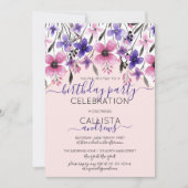 ピンクパープルフローラ水彩誕生日パーティー 招待状 (正面)