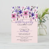 ピンクパープルフローラ水彩誕生日パーティー 招待状 (スタンド正面)