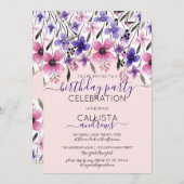 ピンクパープルフローラ水彩誕生日パーティー 招待状 (正面/裏面)