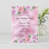 ピンクパープルフローラ水彩誕生日パーティー 招待状 (スタンド正面)