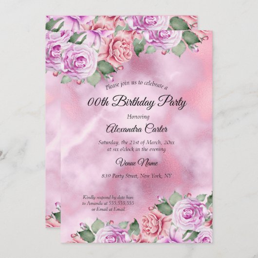 ピンクパープルフローラ水彩誕生日パーティー 招待状 (正面/裏面)