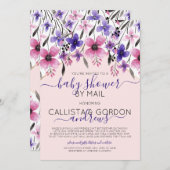 ピンクパープルフローラ水彩赤ちゃんシャワーbyメール 招待状 (正面/裏面)