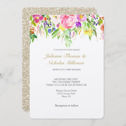 ピンクパープルフローラ水彩金ゴールドスパークル結婚ズ 招待状 (正面/裏面)