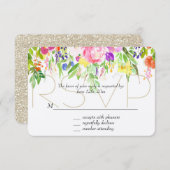ピンクパープルフローラ水彩金ゴールドスパークルRSVP 出欠カード (正面/裏面)