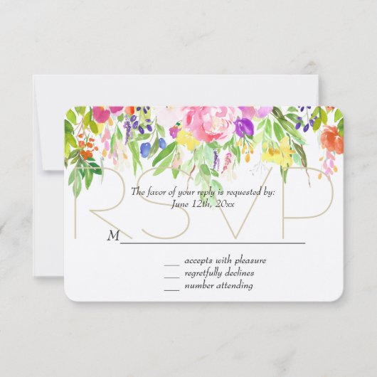 ピンクパープルフローラ水彩金ゴールドスパークルRSVP 出欠カード (正面)