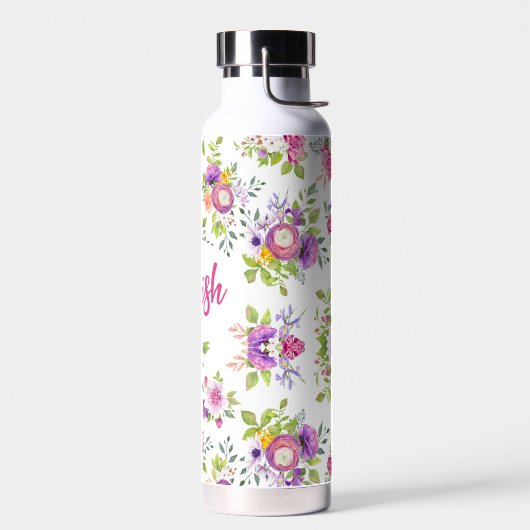 ピンクパープルフローラ水色パーソナライズされた ウォーターボトル (左面)