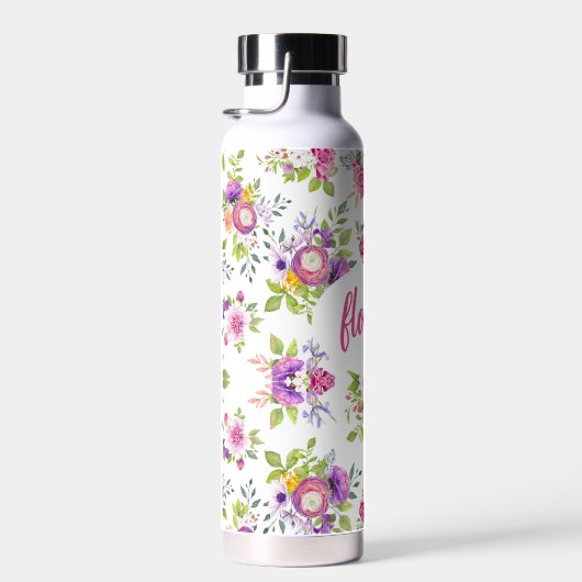 ピンクパープルフローラ水色パーソナライズされた ウォーターボトル (右面)