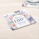 ピンクパープルフローラ神フレーム100th誕生日パーティー スクエアペーパーコースター (アングル)