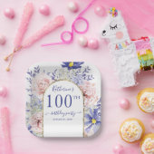 ピンクパープルフローラ神フレーム100th誕生日パーティー ペーパープレート (パーティー)