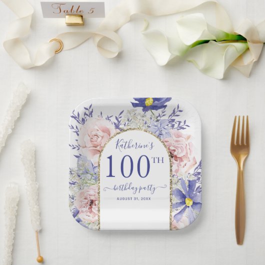 ピンクパープルフローラ神フレーム100th誕生日パーティー ペーパープレート (ウェディング)