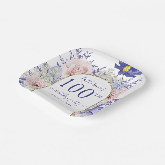 ピンクパープルフローラ神フレーム100th誕生日パーティー ペーパープレート (傾斜あり)