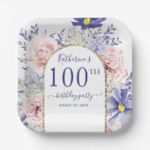 ピンクパープルフローラ神フレーム100th誕生日パーティー ペーパープレート (正面)
