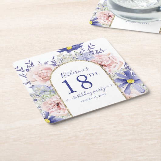 ピンクパープルフローラ神フレーム18th誕生日パーティー スクエアペーパーコースター (アングル)
