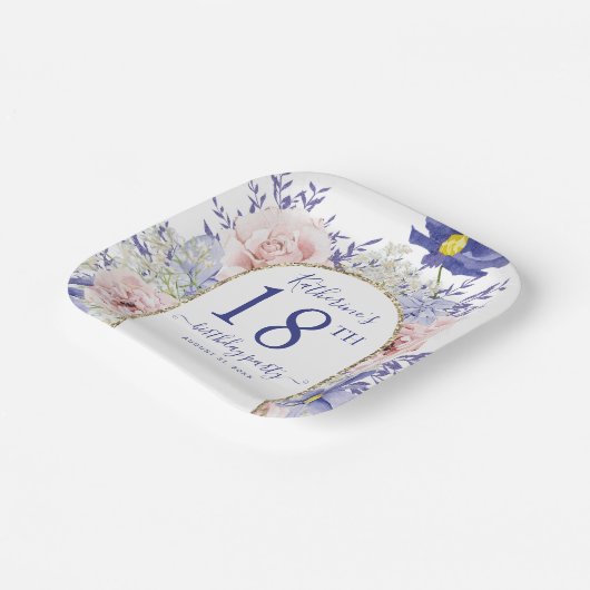 ピンクパープルフローラ神フレーム18th誕生日パーティー ペーパープレート (傾斜あり)