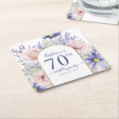 ピンクパープルフローラ神フレーム70th誕生日パーティー スクエアペーパーコースター (アングル)