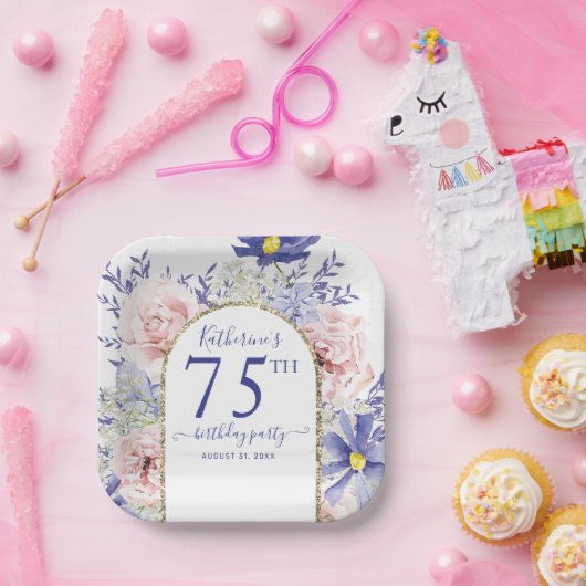 ピンクパープルフローラ神フレーム75th誕生日パーティー ペーパープレート (パーティー)
