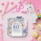ピンクパープルフローラ神フレーム80th誕生日パーティー ペーパープレート (パーティー)