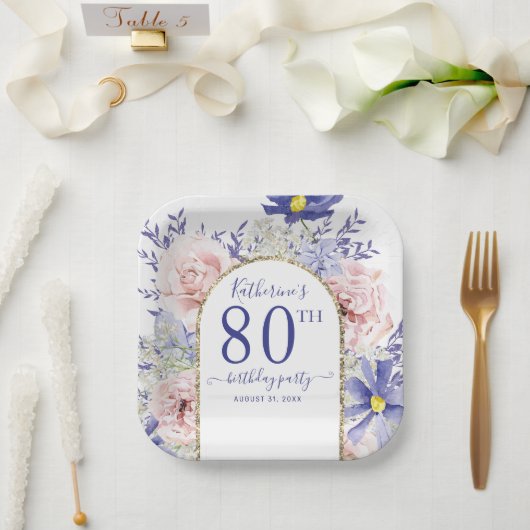 ピンクパープルフローラ神フレーム80th誕生日パーティー ペーパープレート (ウェディング)